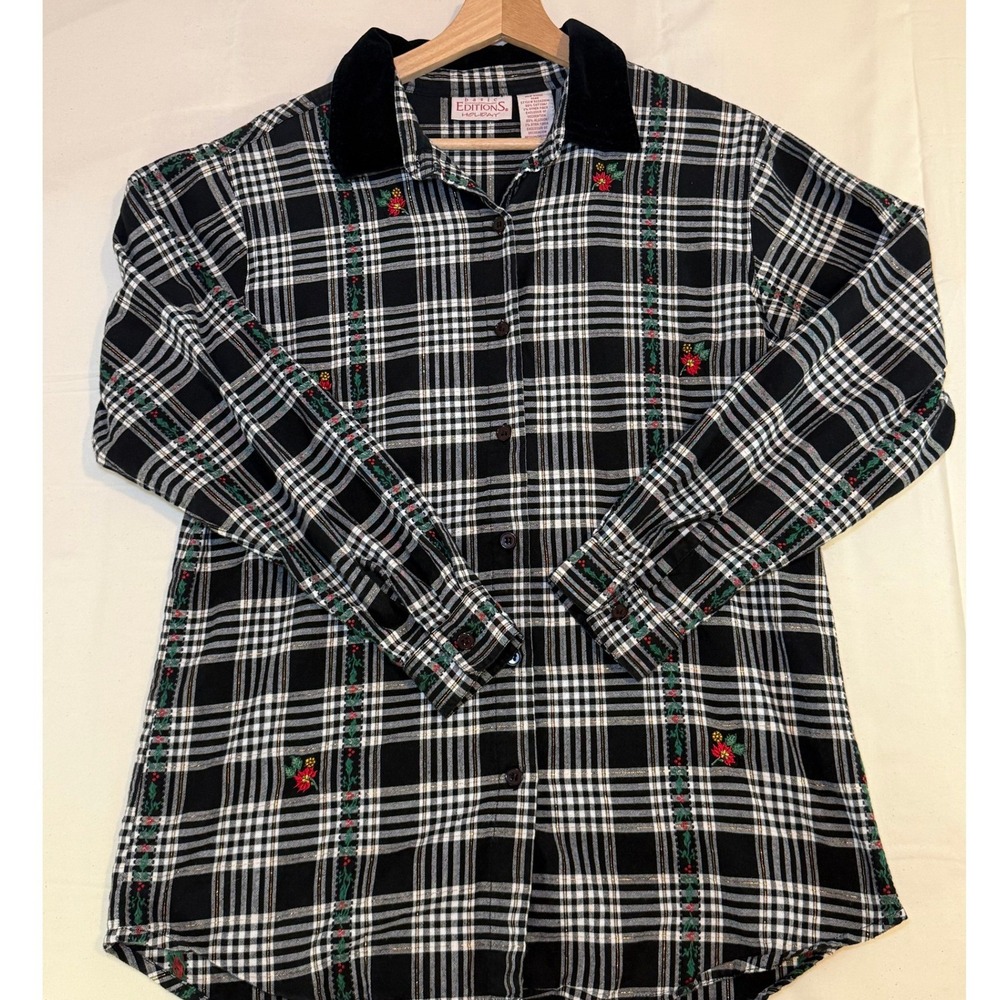 Vintage Basic Editions Holiday Plaid Shirt Velvet Collar Holly Embroidery M - Picture 1 of 7